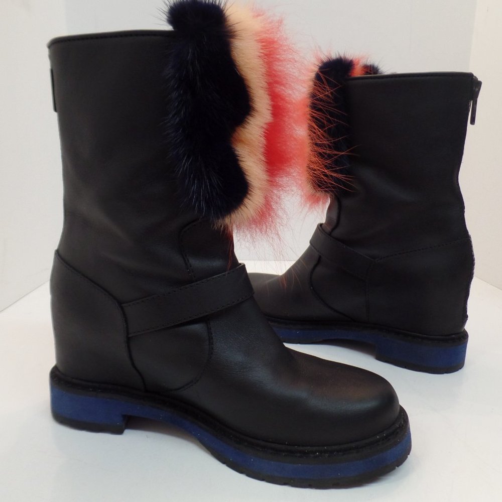 Fendi Caroline Fur Trimmed Buckle Accent Black Leather Boots Sz 39.5 or US Sz 9 - Picture 7 of 16